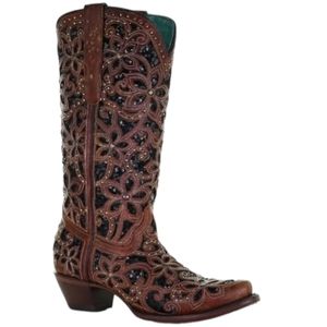 CORRAL A4083 floral brown leather overlay black sequin under snip toe sz 6 NWT